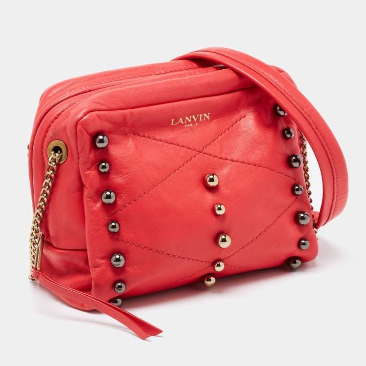 Pre Owned Lanvin Coral Red Leather Sugar Studded Shoulder Bag