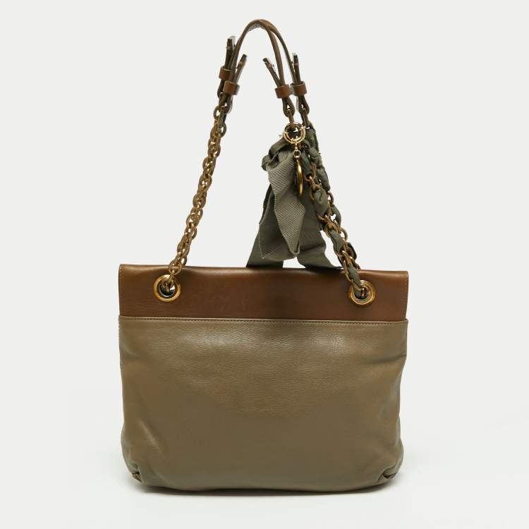 Pre Owned Lanvin Brown/Olive Green Leather Happy Flap Shoulder Bag