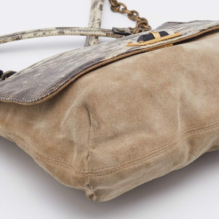 Pre Owned Lanvin Beige/Black Lizard Embossed Leather and Suede Happy Shoulder Bag