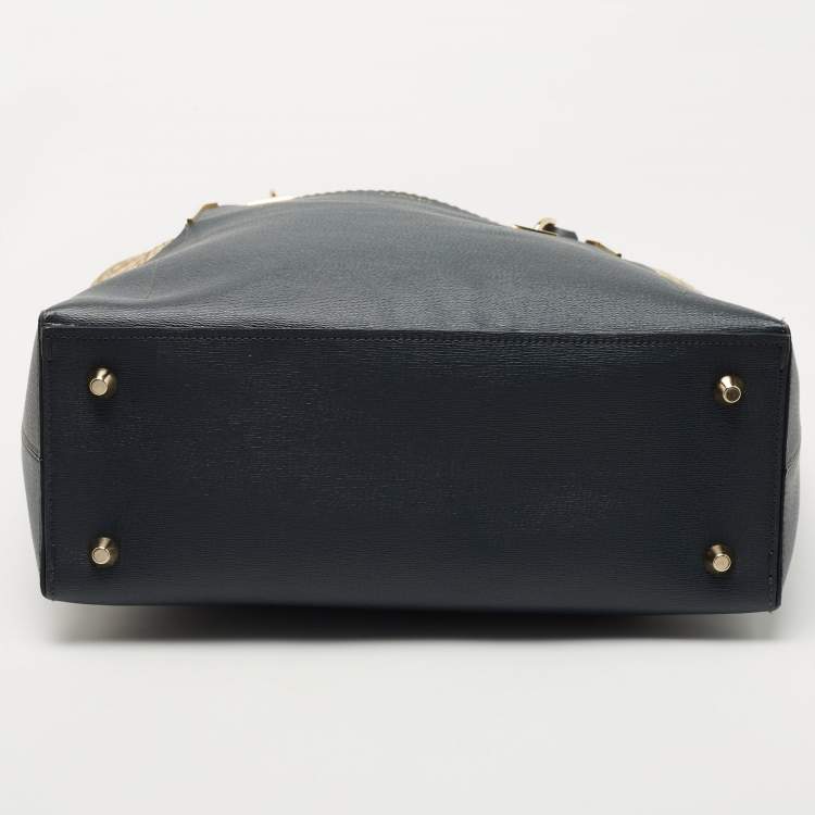Pre Owned Lanvin Dark Blue, Beige Leather and Python Partition Tote