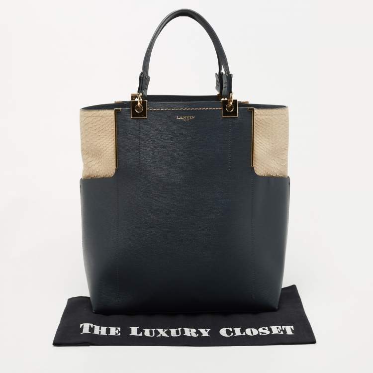 Pre Owned Lanvin Dark Blue, Beige Leather and Python Partition Tote