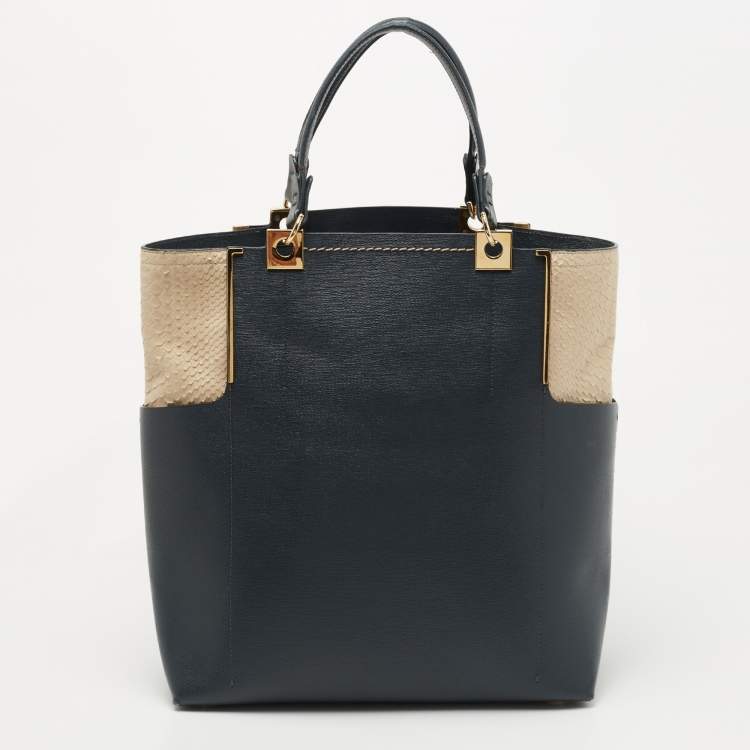 Pre Owned Lanvin Dark Blue, Beige Leather and Python Partition Tote