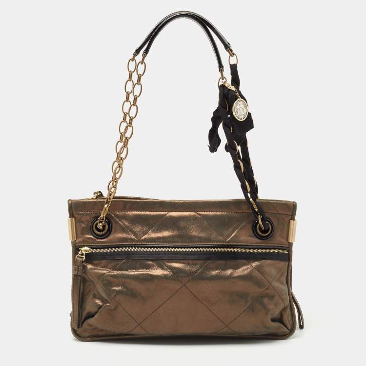 Pre Owned Lanvin Olive Green Shimmer Suede and Patent Leather Amalia Shoulder Bag