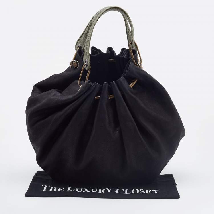Pre Owned Lanvin Black Leather and Lizard Embossed Sac Polisson Hobo