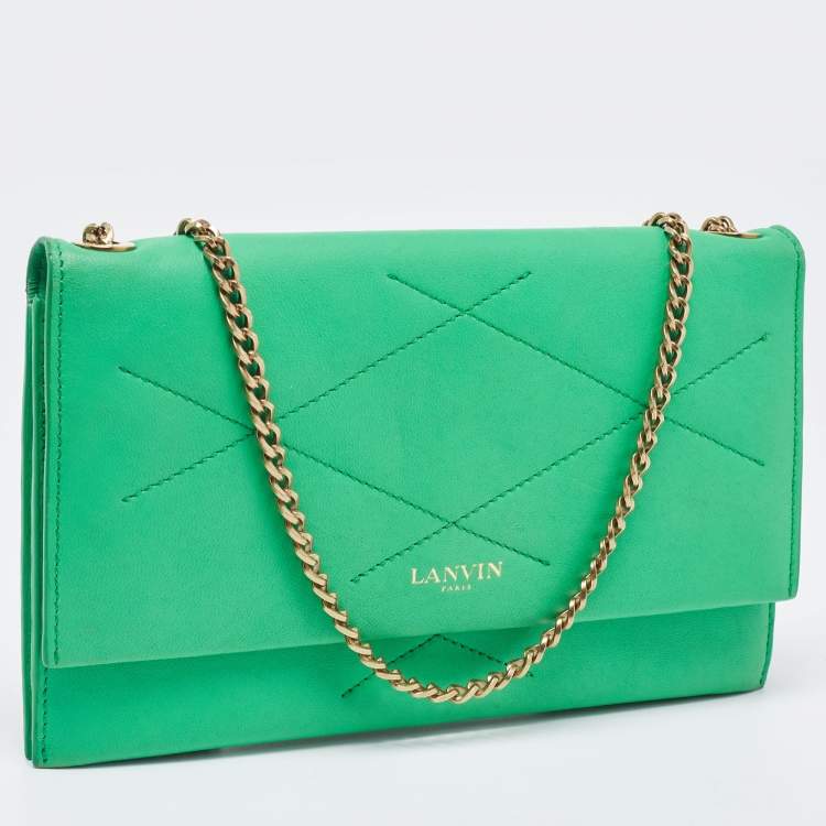 Pre Owned Lanvin Green Leather Flap Chain Clutch