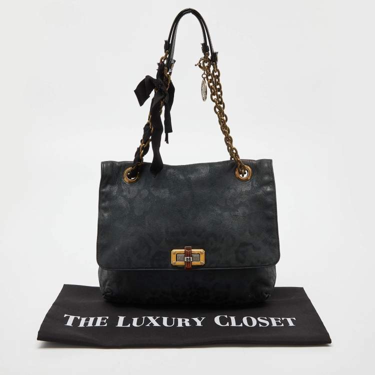 Pre Owned Lanvin Green/Black Leopard Print Nubuck Leather Happy Shoulder Bag
