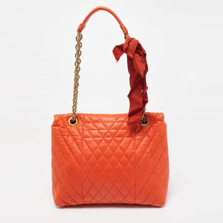 Pre Owned Lanvin Orange Quilted Studded Leather Happy Flap Shoulder Bag