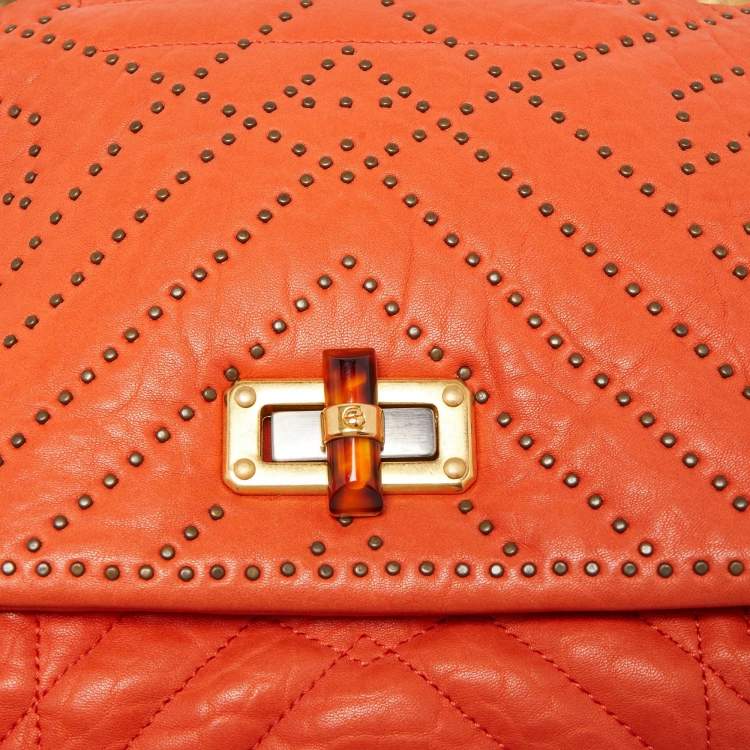 Pre Owned Lanvin Orange Quilted Studded Leather Happy Flap Shoulder Bag
