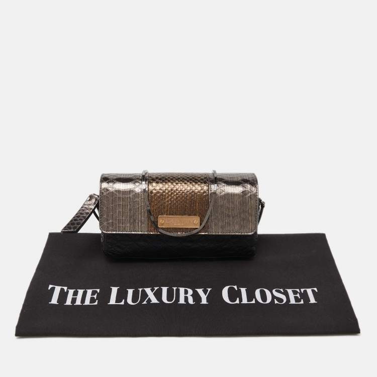 Pre Owned Lanvin Black/Gold Quilted Leather and Python Embossed Leather Flap Crossbody Bag