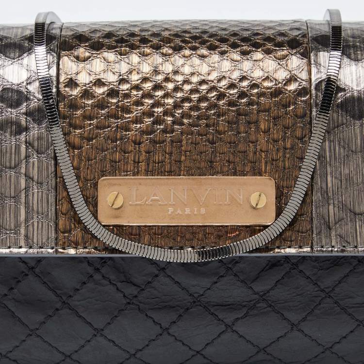Pre Owned Lanvin Black/Gold Quilted Leather and Python Embossed Leather Flap Crossbody Bag