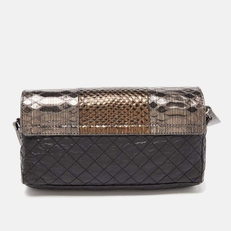 Pre Owned Lanvin Black/Gold Quilted Leather and Python Embossed Leather Flap Crossbody Bag