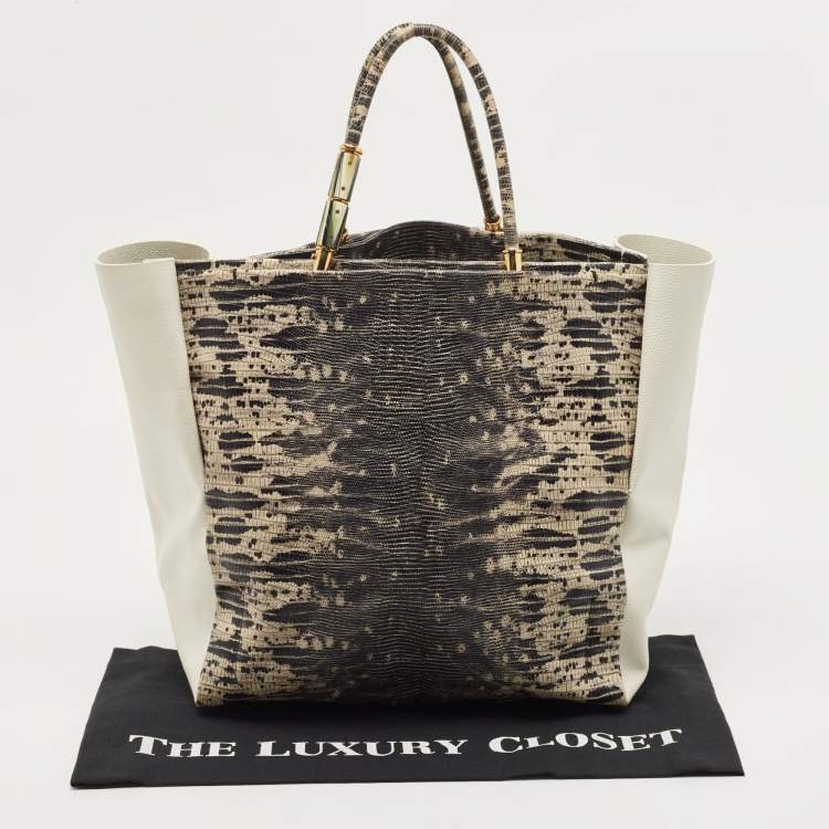 Pre Owned Lanvin Tri Color Leather and Lizard Embossed Leather Tote 