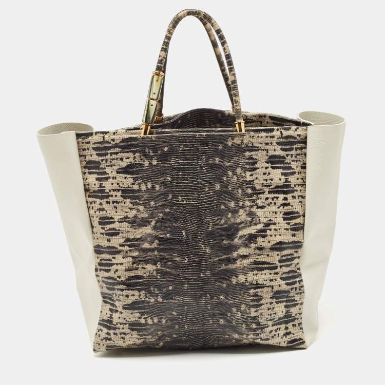 Pre Owned Lanvin Tri Color Leather and Lizard Embossed Leather Tote 
