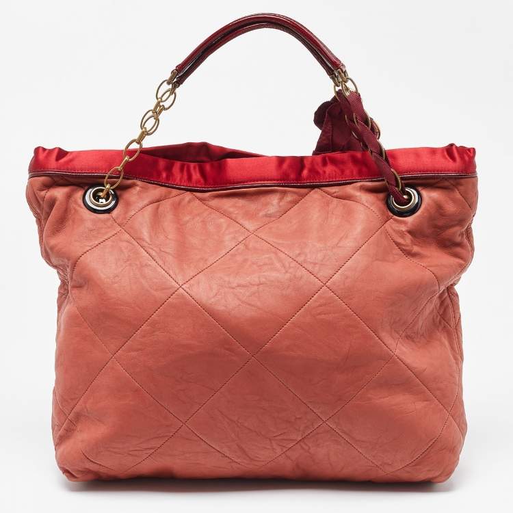 Pre Owned Lanvin Rust/Red Leather/Satin and Patent Leather Amalia Cabas Tote