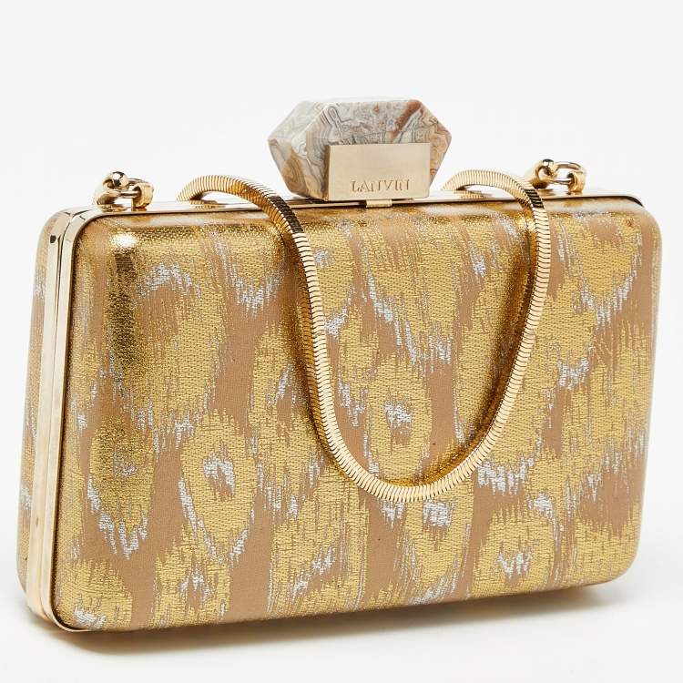 Pre Owned Lanvin Beige/Gold Printed Leather Chain Clutch