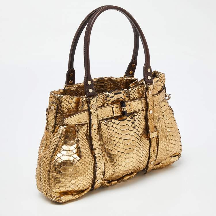 Pre Owned Lanvin Gold Laminated Python Kentucky Tote