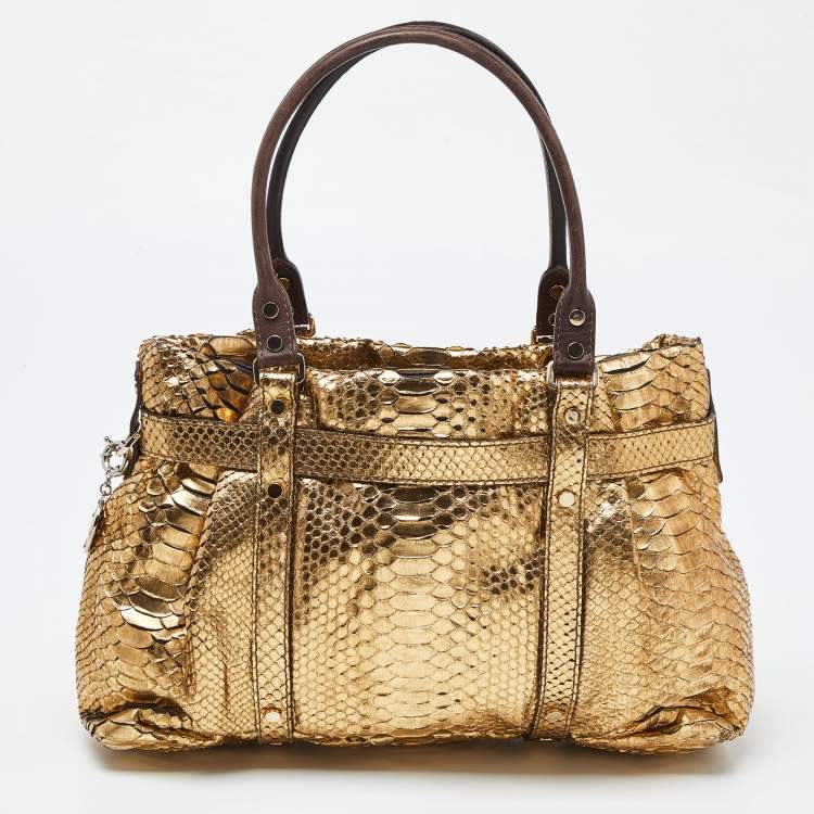Pre Owned Lanvin Gold Laminated Python Kentucky Tote