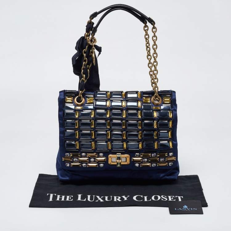 Pre Owned Lanvin Navy Blue/Black Satin and Leather Crystals Embellished Happy Shoulder Bag