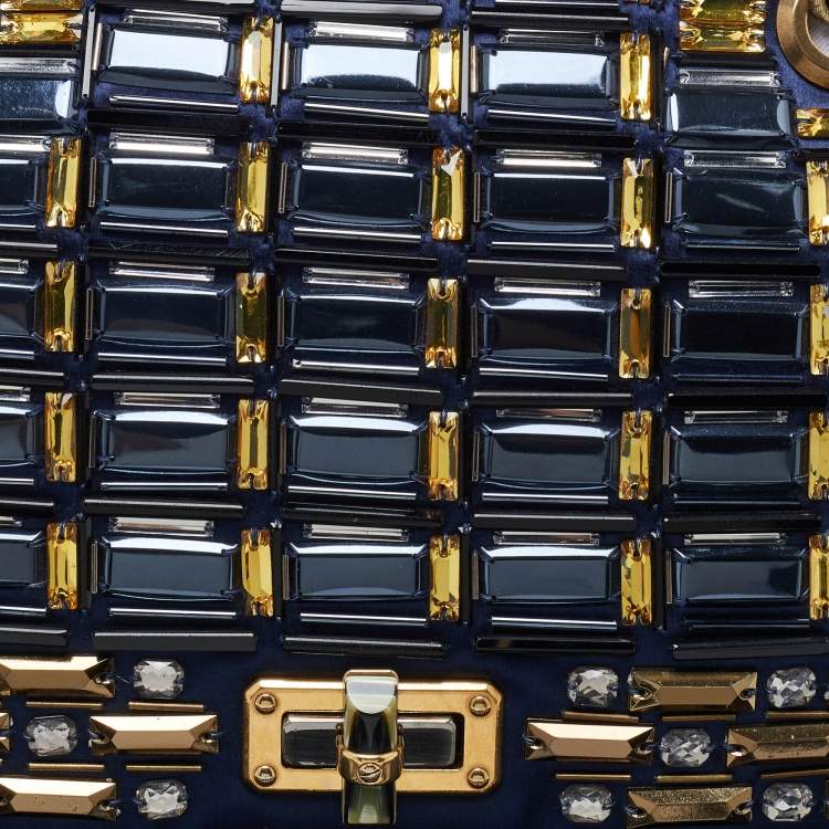 Pre Owned Lanvin Navy Blue/Black Satin and Leather Crystals Embellished Happy Shoulder Bag