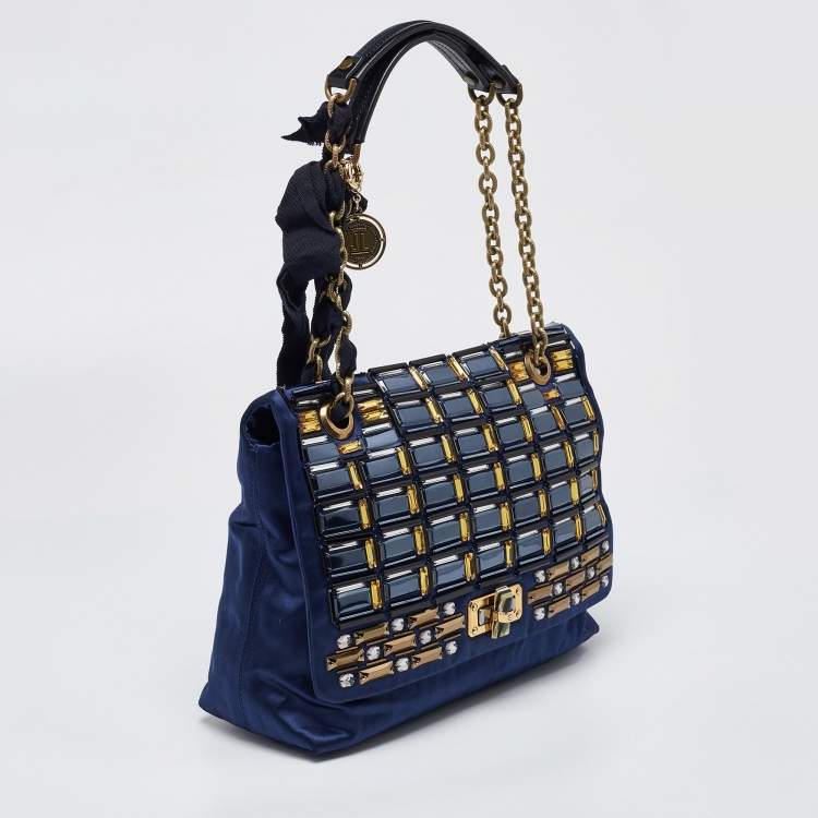 Pre Owned Lanvin Navy Blue/Black Satin and Leather Crystals Embellished Happy Shoulder Bag