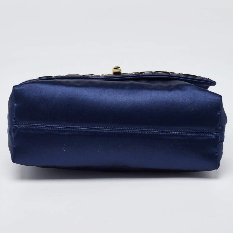Pre Owned Lanvin Navy Blue/Black Satin and Leather Crystals Embellished Happy Shoulder Bag