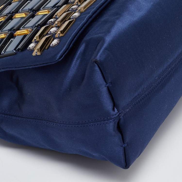 Pre Owned Lanvin Navy Blue/Black Satin and Leather Crystals Embellished Happy Shoulder Bag