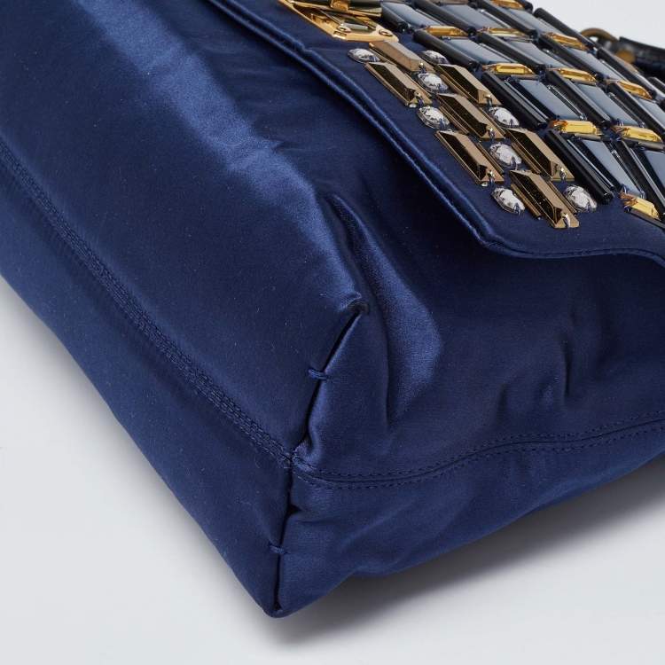 Pre Owned Lanvin Navy Blue/Black Satin and Leather Crystals Embellished Happy Shoulder Bag