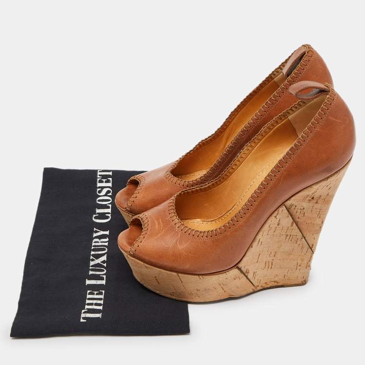 Pre Owned Lanvin Beige Leather Wedge Platform Pumps Size 39