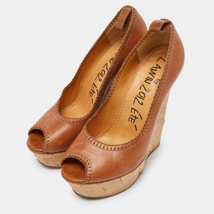 Pre Owned Lanvin Beige Leather Wedge Platform Pumps Size 39