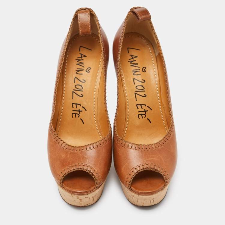 Pre Owned Lanvin Beige Leather Wedge Platform Pumps Size 39