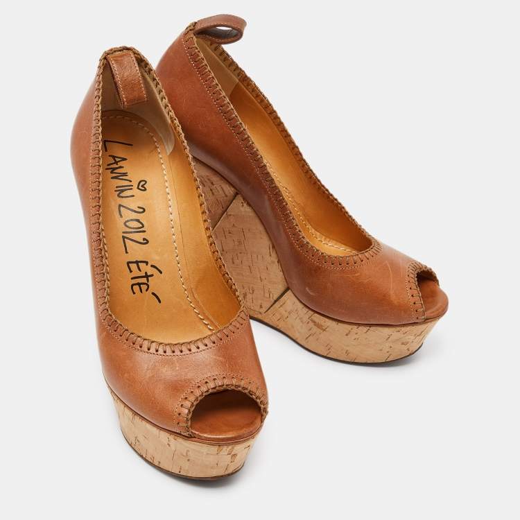 Pre Owned Lanvin Beige Leather Wedge Platform Pumps Size 39