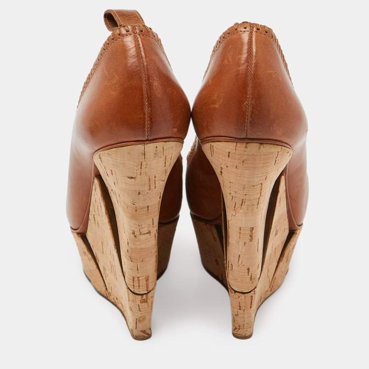 Pre Owned Lanvin Beige Leather Wedge Platform Pumps Size 39