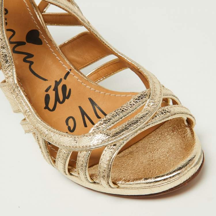 Pre Owned Lanvin Gold Leather Slingback Sandals Size 38.5