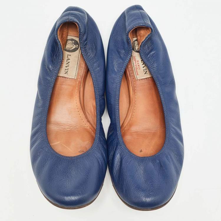 Pre Owned Lanvin Navy Blue Leather Scrunch Ballet Flats Size 38