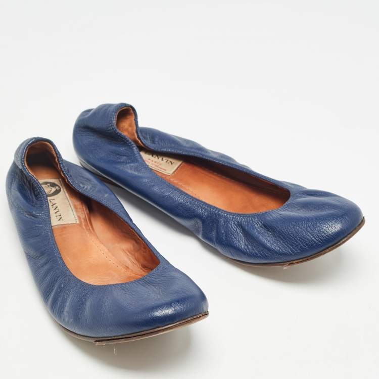 Pre Owned Lanvin Navy Blue Leather Scrunch Ballet Flats Size 38