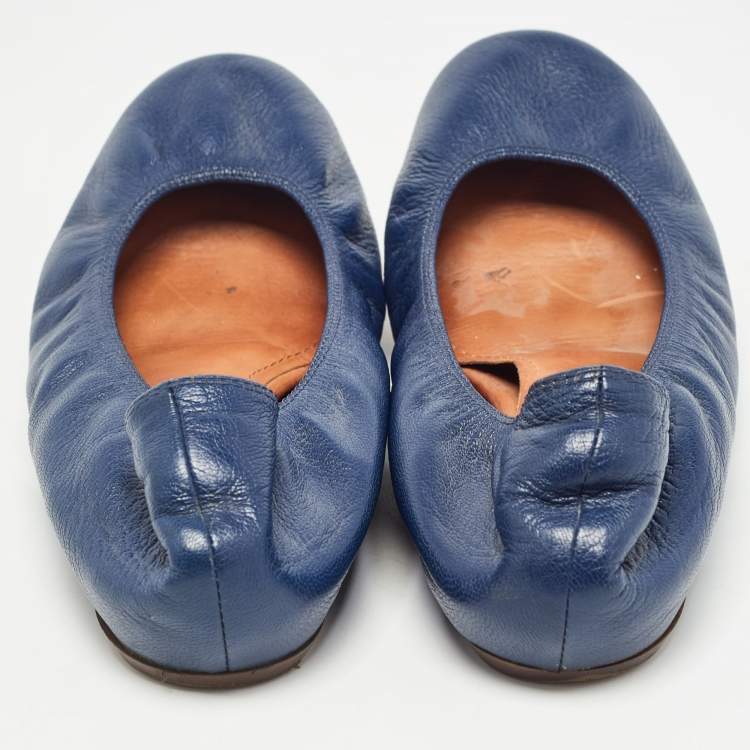 Pre Owned Lanvin Navy Blue Leather Scrunch Ballet Flats Size 38