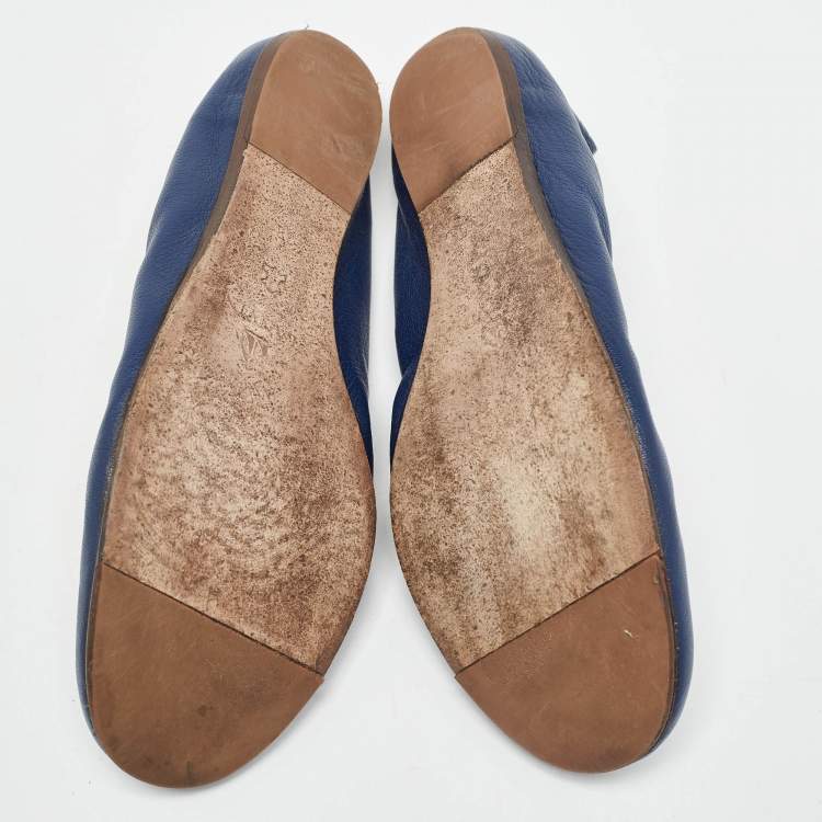 Pre Owned Lanvin Navy Blue Leather Scrunch Ballet Flats Size 38