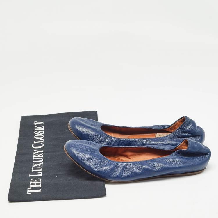 Pre Owned Lanvin Navy Blue Leather Scrunch Ballet Flats Size 38