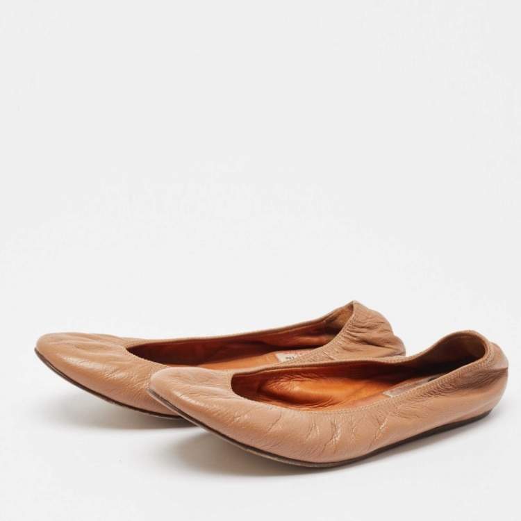 Pre Owned Lanvin Beige Leather Scrunch Ballet Flats Size 38
