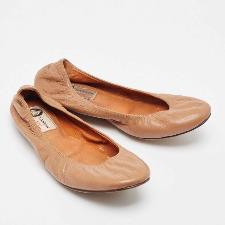 Pre Owned Lanvin Beige Leather Scrunch Ballet Flats Size 38