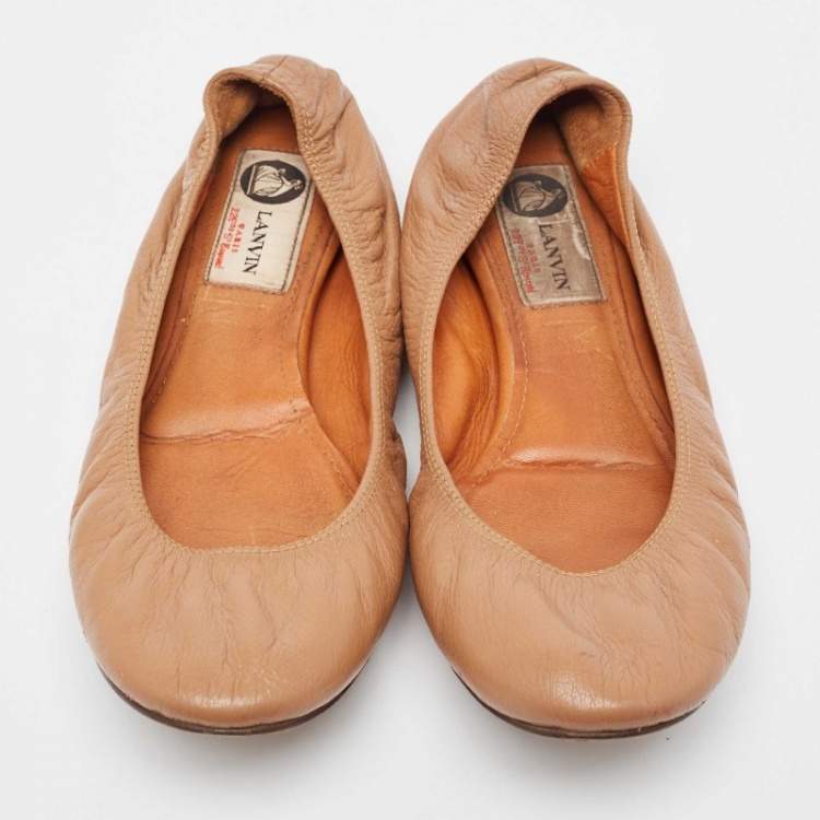 Pre Owned Lanvin Beige Leather Scrunch Ballet Flats Size 38