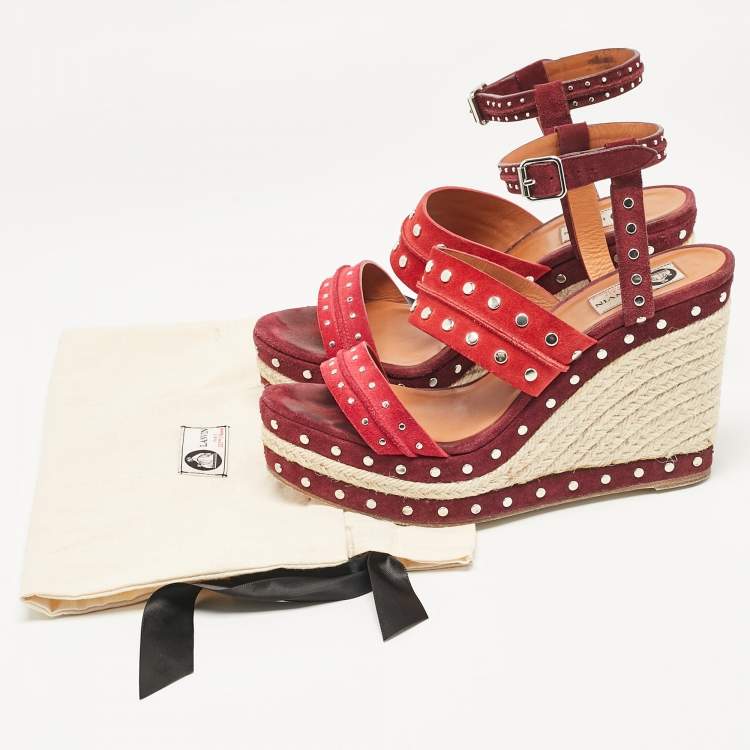 Pre Owned Lanvin Multicolor Suede Studded Wedge Ankle Strap Sandals Size 41