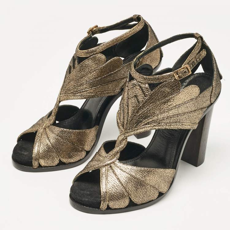 Pre Owned Lanvin Metallic Gold Leather Ankle Strap Sandals Size 40