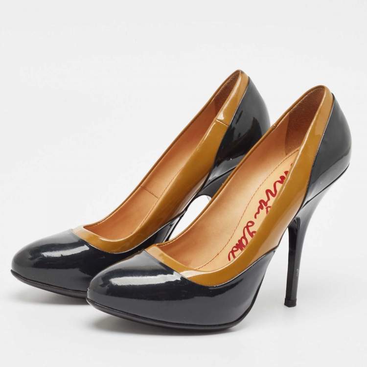 Pre Owned Lanvin Brown/Navy Blue Patent Leather Round Toe Pumps Size 38.5