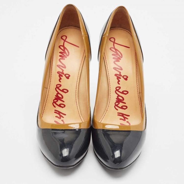 Pre Owned Lanvin Brown/Navy Blue Patent Leather Round Toe Pumps Size 38.5