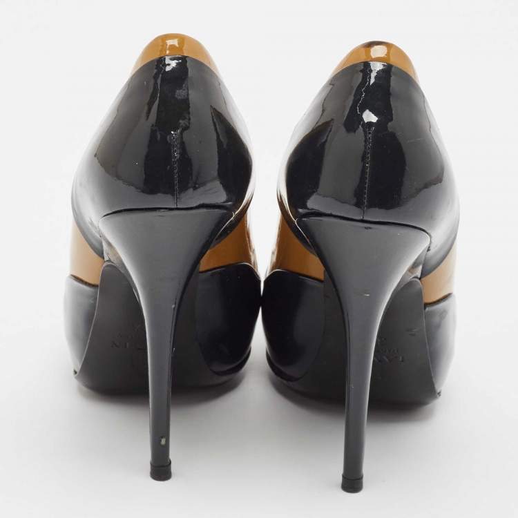 Pre Owned Lanvin Brown/Navy Blue Patent Leather Round Toe Pumps Size 38.5