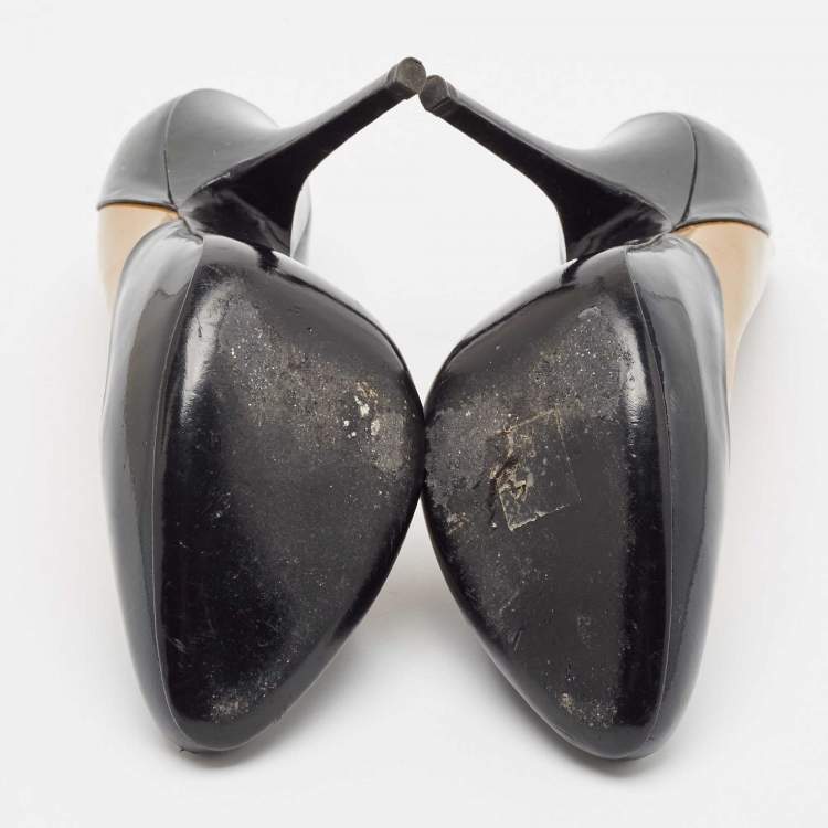 Pre Owned Lanvin Brown/Navy Blue Patent Leather Round Toe Pumps Size 38.5