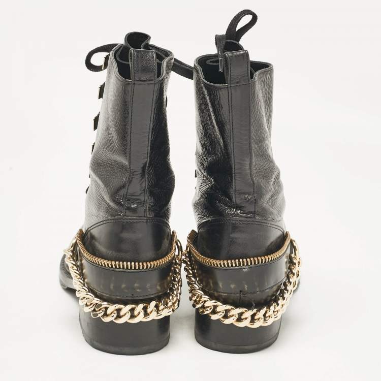 Pre Owned Lanvin Black Leather Chain Detail Lace Up Ankle Length Boots Size 40
