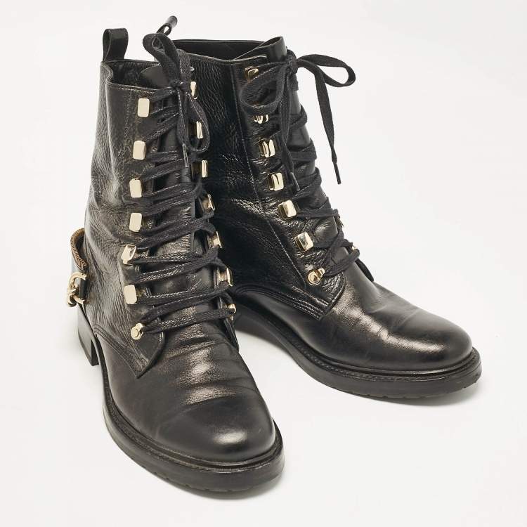 Pre Owned Lanvin Black Leather Chain Detail Lace Up Ankle Length Boots Size 40