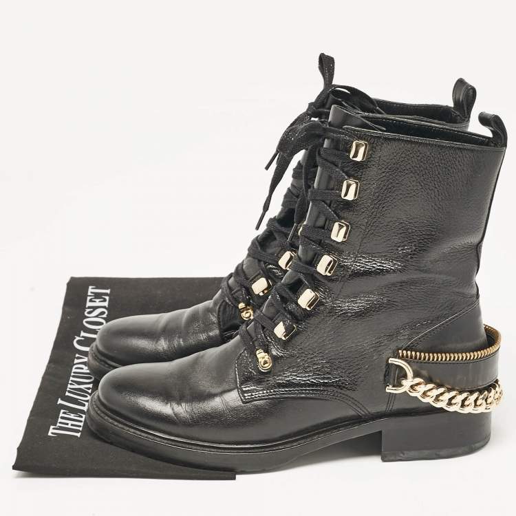 Pre Owned Lanvin Black Leather Chain Detail Lace Up Ankle Length Boots Size 40
